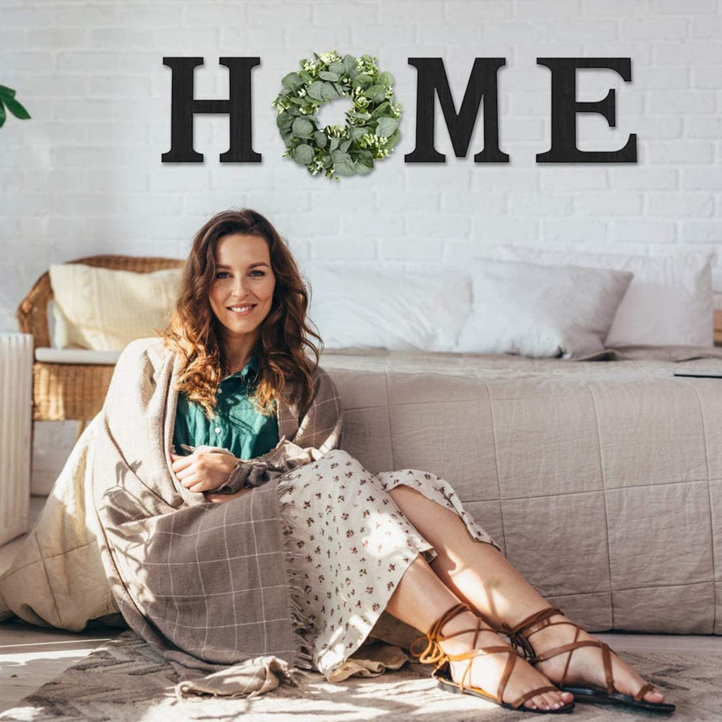 Rustic HOME Wall Décor Sign with Eucalyptus Wreath – Wooden Farmhouse Wall Art for Living Room, Entryway & Home Decoration