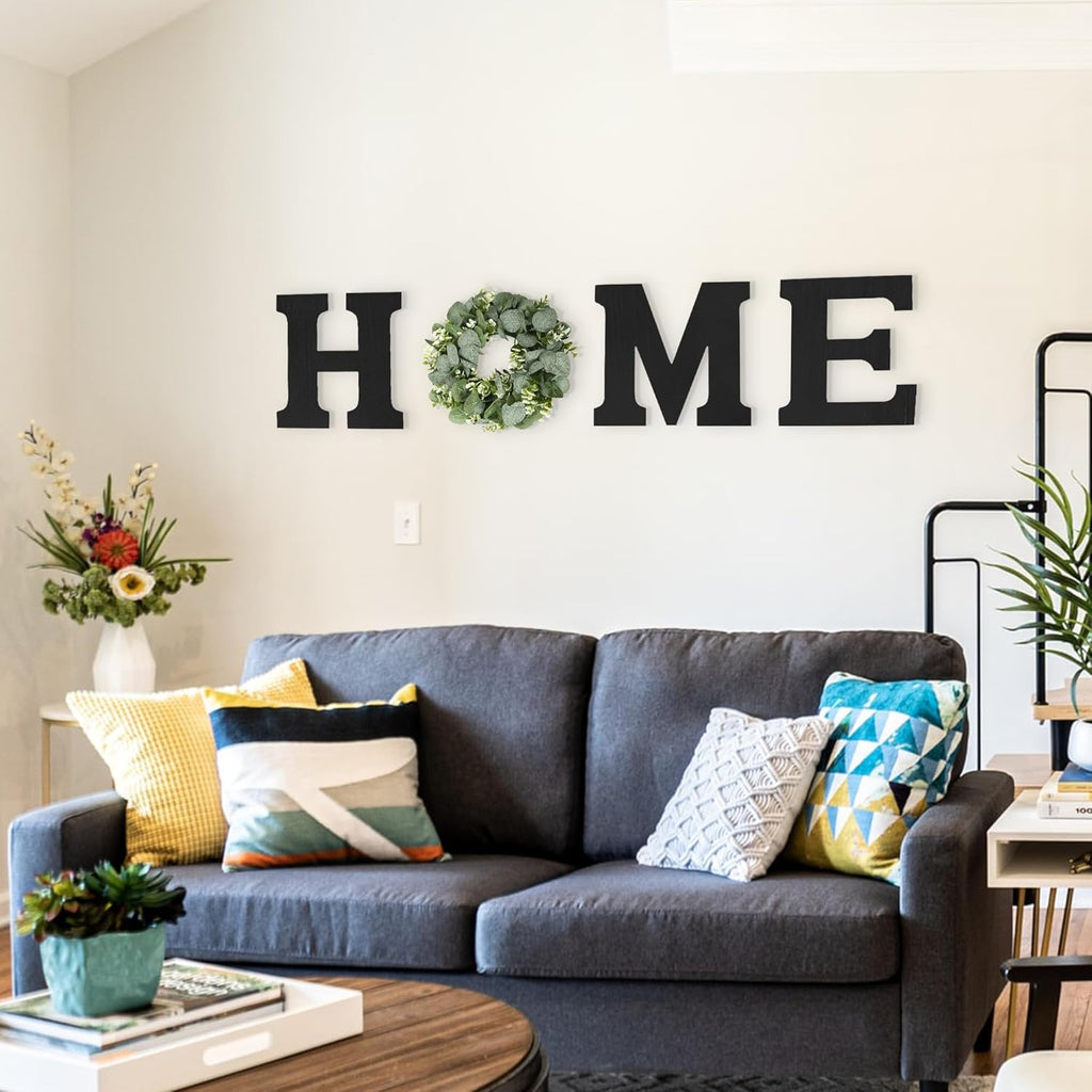 Rustic HOME Wall Décor Sign with Eucalyptus Wreath – Wooden Farmhouse Wall Art for Living Room, Entryway & Home Decoration