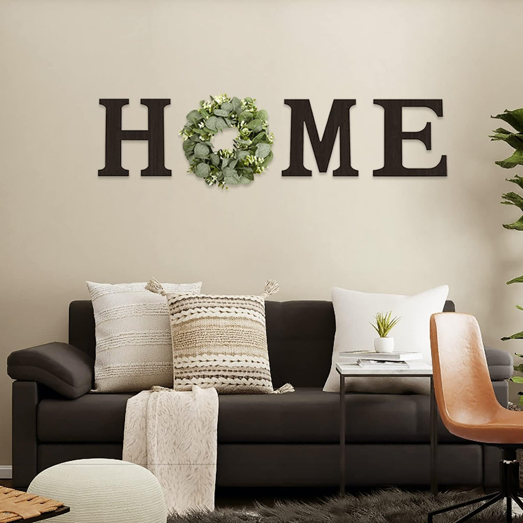 Rustic HOME Wall Décor Sign with Eucalyptus Wreath – Wooden Farmhouse Wall Art for Living Room, Entryway & Home Decoration