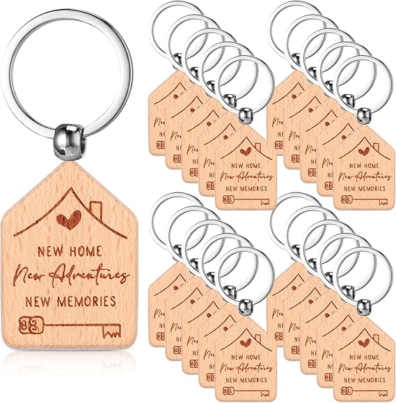 20-Piece New Home Wooden Keychain Set – Housewarming Gift Key Rings, Engraved Wood Key Holders for New Homeowners | DISH CONNECT