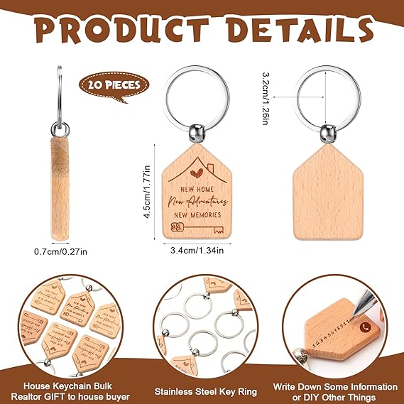 20-Piece New Home Wooden Keychain Set – Housewarming Gift Key Rings, Engraved Wood Key Holders for New Homeowners | DISH CONNECT