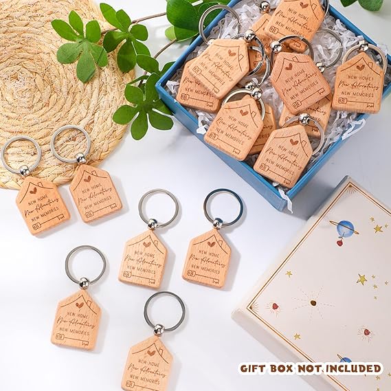 20-Piece New Home Wooden Keychain Set – Housewarming Gift Key Rings, Engraved Wood Key Holders for New Homeowners | DISH CONNECT