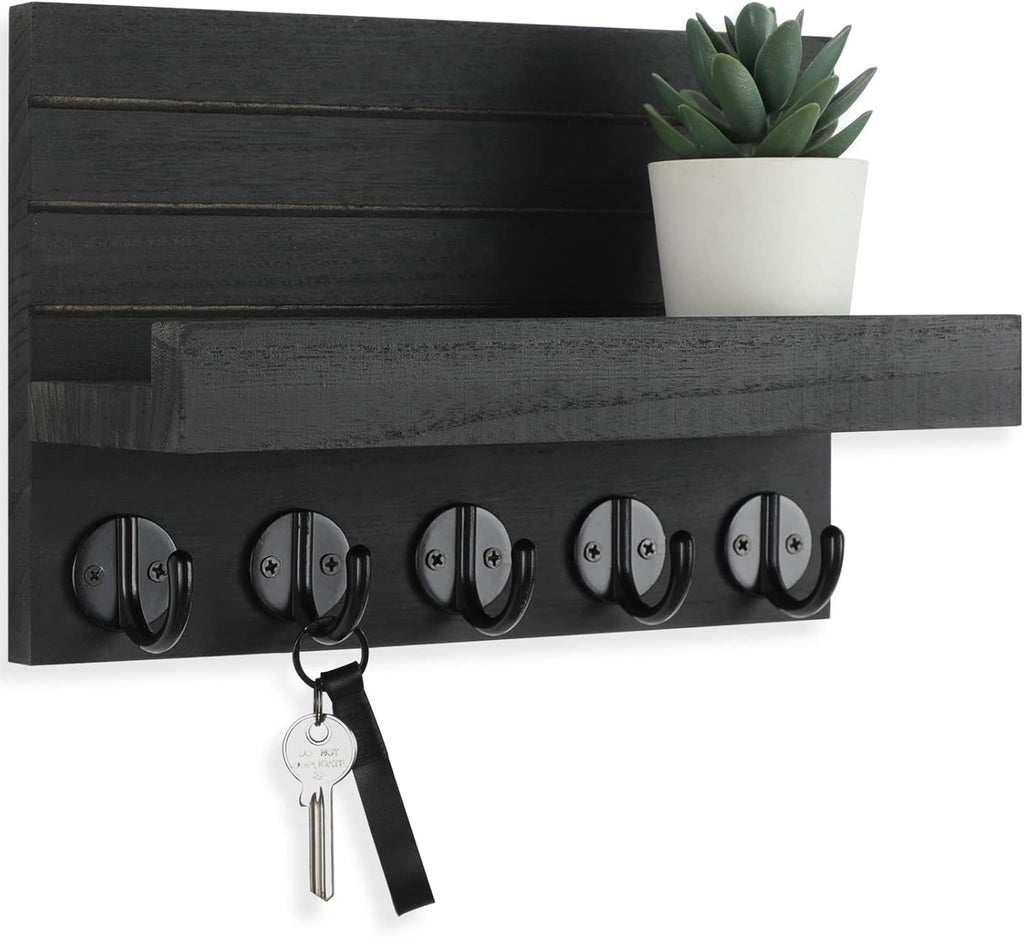 Wall Mounted Mail Organizer with 5 Key Hooks – Wooden Entryway Mail Holder & Key Rack for Home Decoration