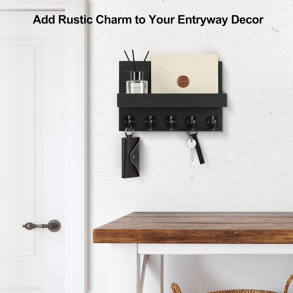 Wall Mounted Mail Organizer with 5 Key Hooks – Wooden Entryway Mail Holder & Key Rack for Home Decoration