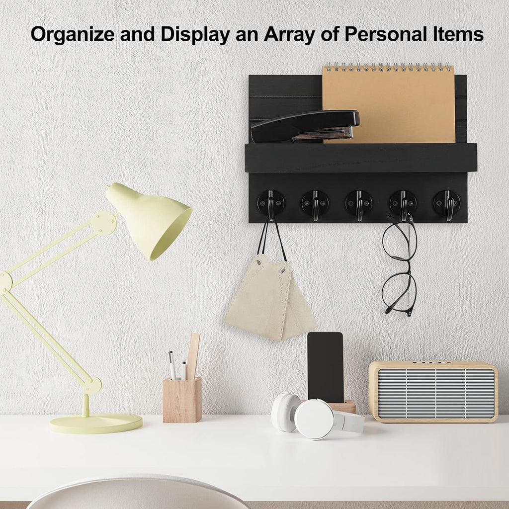 Wall Mounted Mail Organizer with 5 Key Hooks – Wooden Entryway Mail Holder & Key Rack for Home Decoration