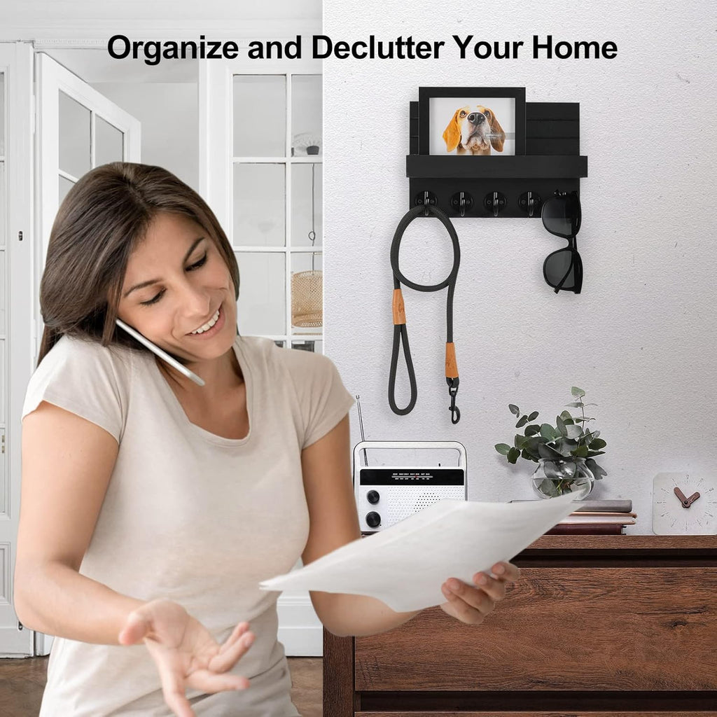 Wall Mounted Mail Organizer with 5 Key Hooks – Wooden Entryway Mail Holder & Key Rack for Home Decoration