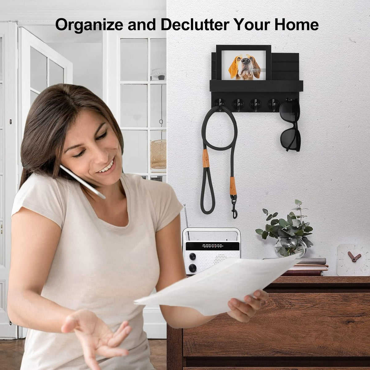 Wall Mounted Mail Organizer with 5 Key Hooks – Wooden Entryway Mail Holder & Key Rack for Home Decoration
