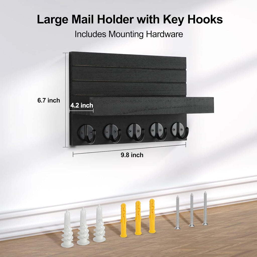 Wall Mounted Mail Organizer with 5 Key Hooks – Wooden Entryway Mail Holder & Key Rack for Home Decoration