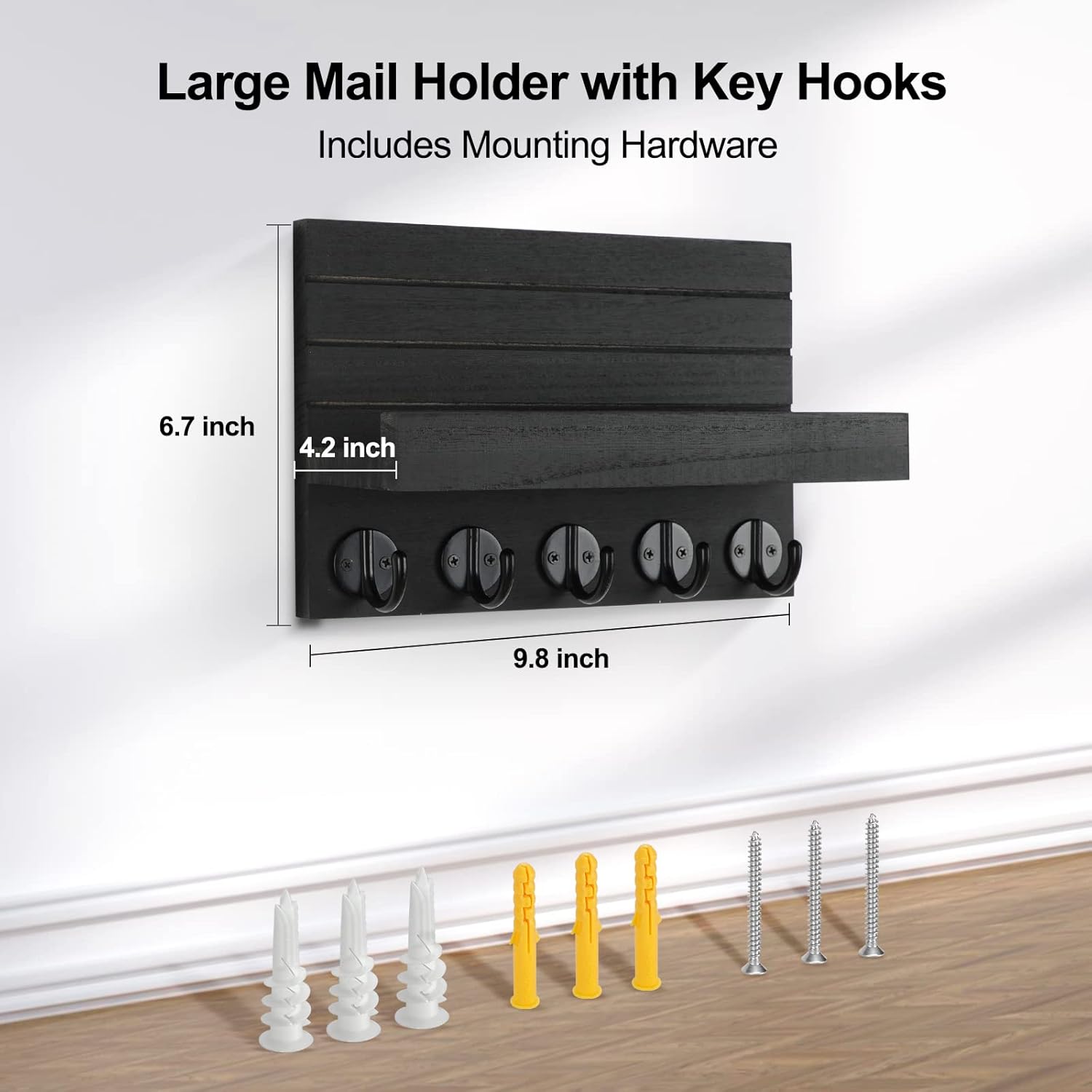 Wall Mounted Mail Organizer with 5 Key Hooks – Wooden Entryway Mail Holder & Key Rack for Home Decoration